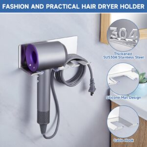 Hair Dryer Holder Wall Mounted, Oukimly Blow Dryer Holder, Stainless Steel Hairdryer Holder for Bathroom, Adhesive Hair Tool Organizer for Hair Dryer Organizer, Hair Dryer Hanger with Plug Hook