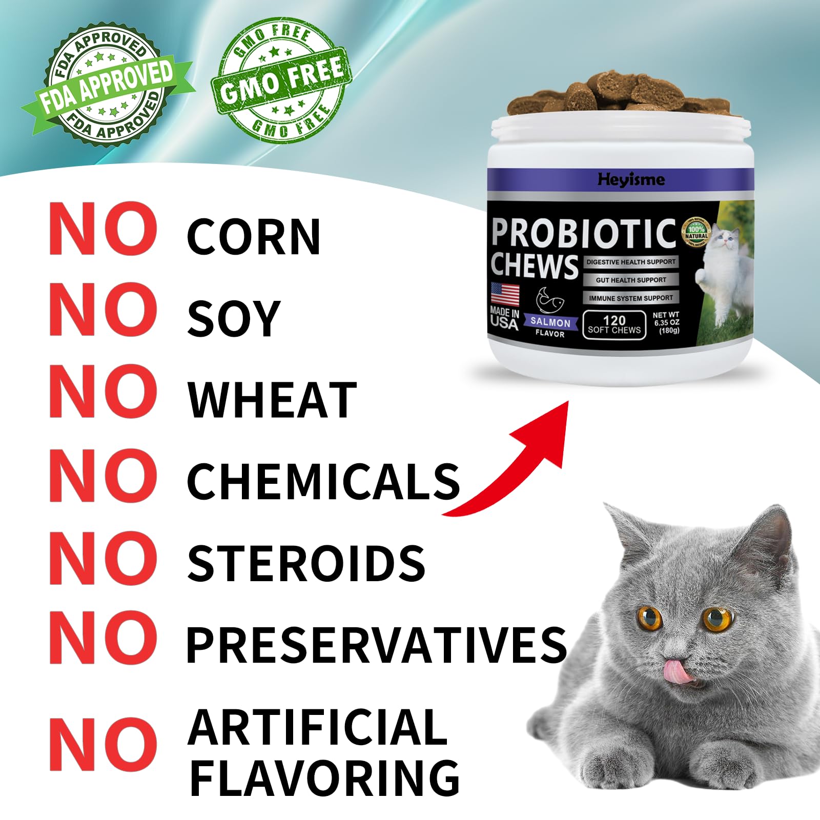 HEYISME Cat Probiotic, Chews for Gut and Immune Health, Cats Probiotic Supplement for Cat Digestive Support, Healthy Digestion, Cat Constipation and Diarrhea Relief (Salmon, 120 Chews)