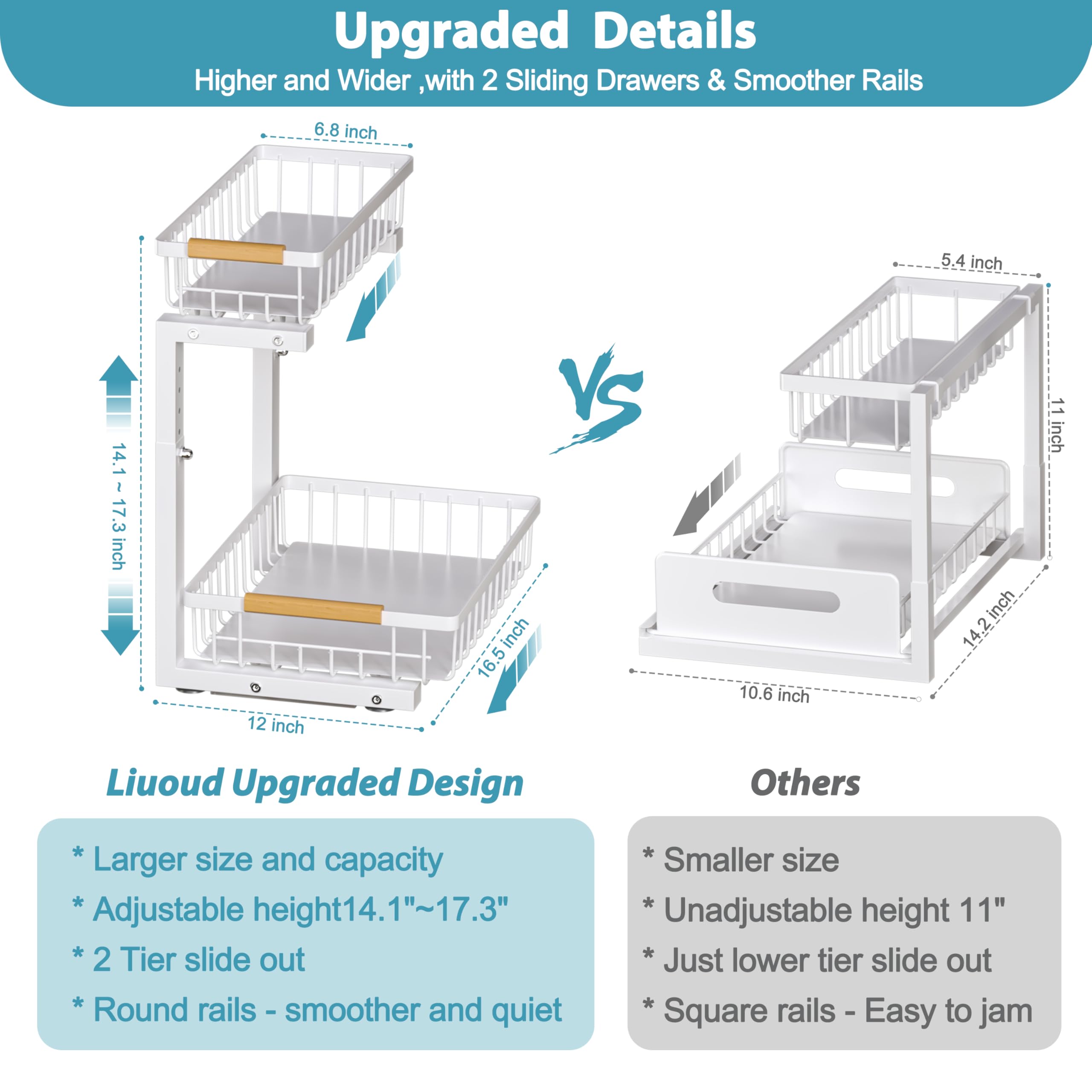 Liuoud Under Sink Organizer 2 pack, 2 Tier Slide Out Under Sink Organizers And Storage, Height Adjustable Pull Out Cabinet Organizer Drawers, Kitchen Bathroom Metal Sink Storage Shelves, White