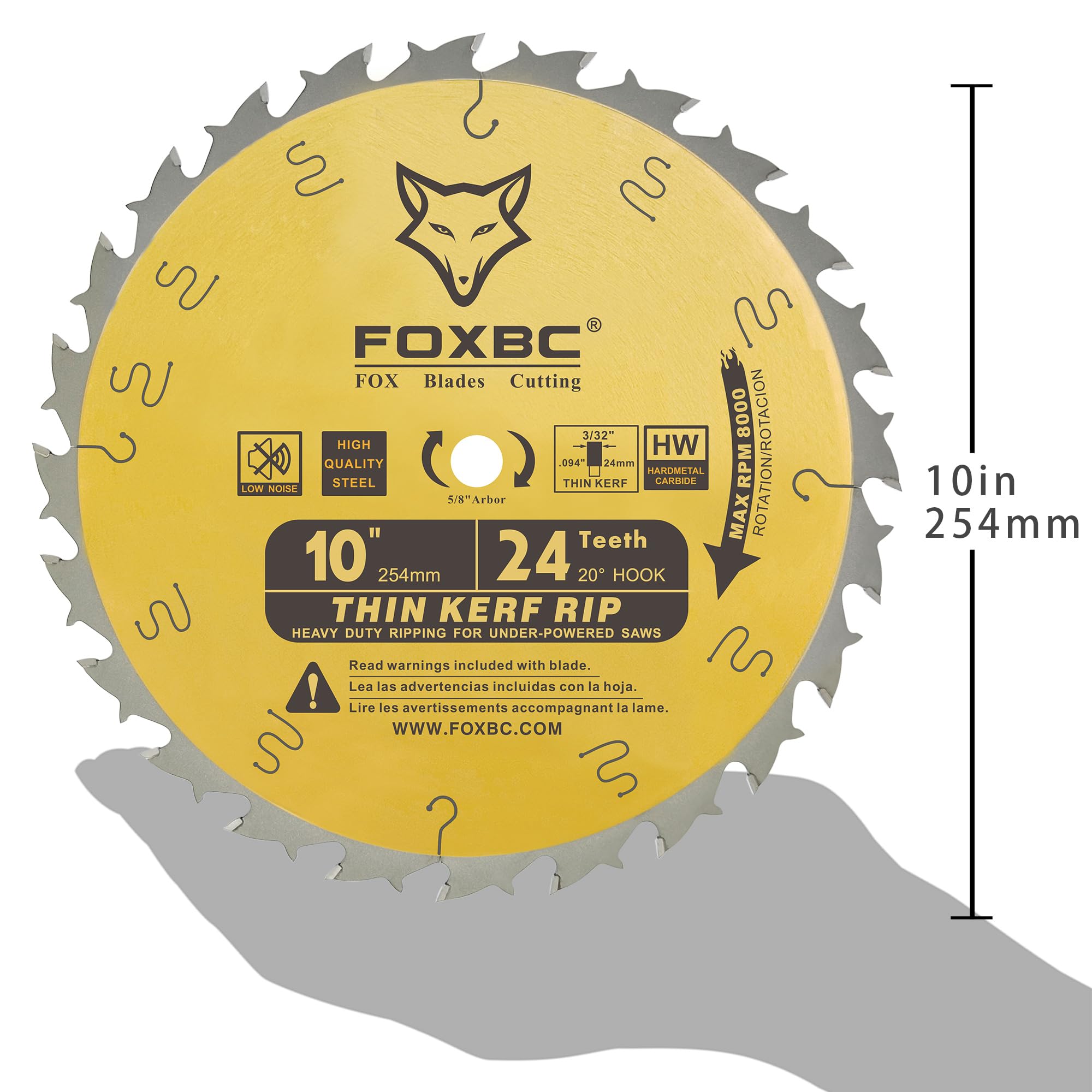 FOXBC 10-Inch Thin Kerf Ripping Table Saw Blade for Wood Cutting, 24-Tooth ATB, 5/8-Inch Arbor