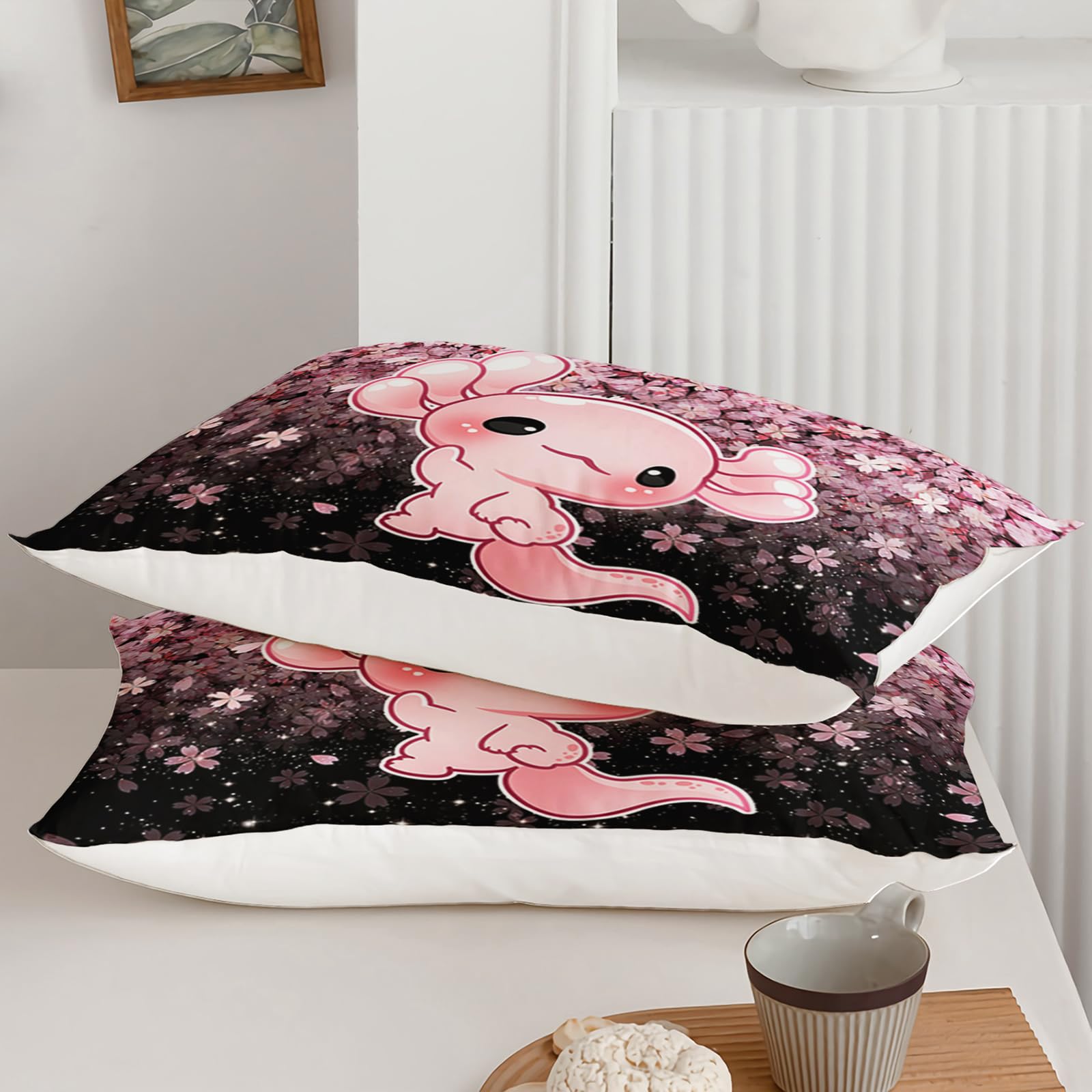 QOOMO Kawaii Axolotl Bedding Set Pink Cherry Blossom for Boys Girls Teen Room Decoration Sparkling Stars 3D Quilt Set Bedroom Decoration Twin Size 1 Comforter Set 2 Pillowcases