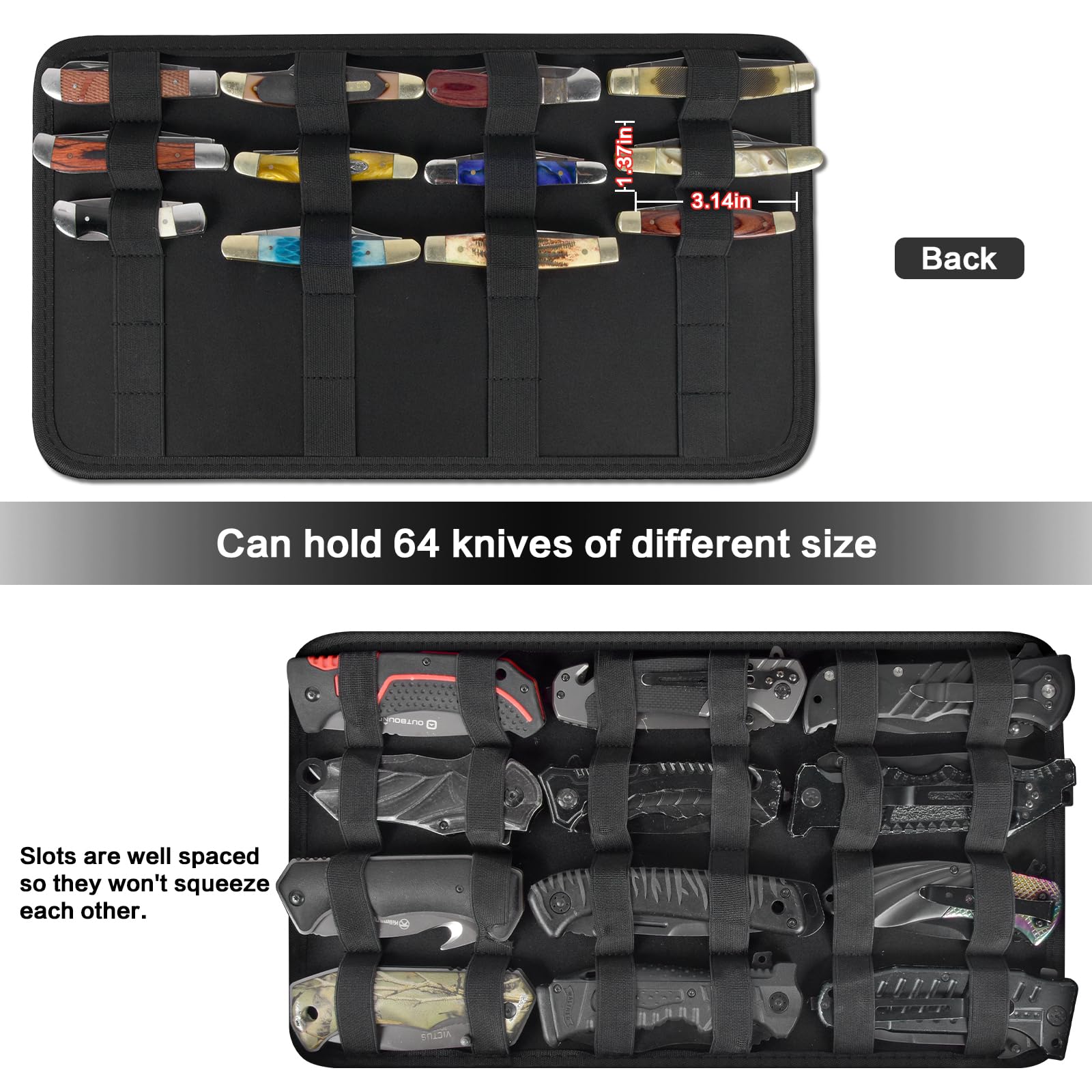 Knife Display Case for 64+ Pocket Knives, Folding Knives Cases for Collections, Butterfly Knife Storage Bag Holder Roll Organizer for Survival, Tactical, Outdoor, Kitchen, EDC Mini Knife- Black