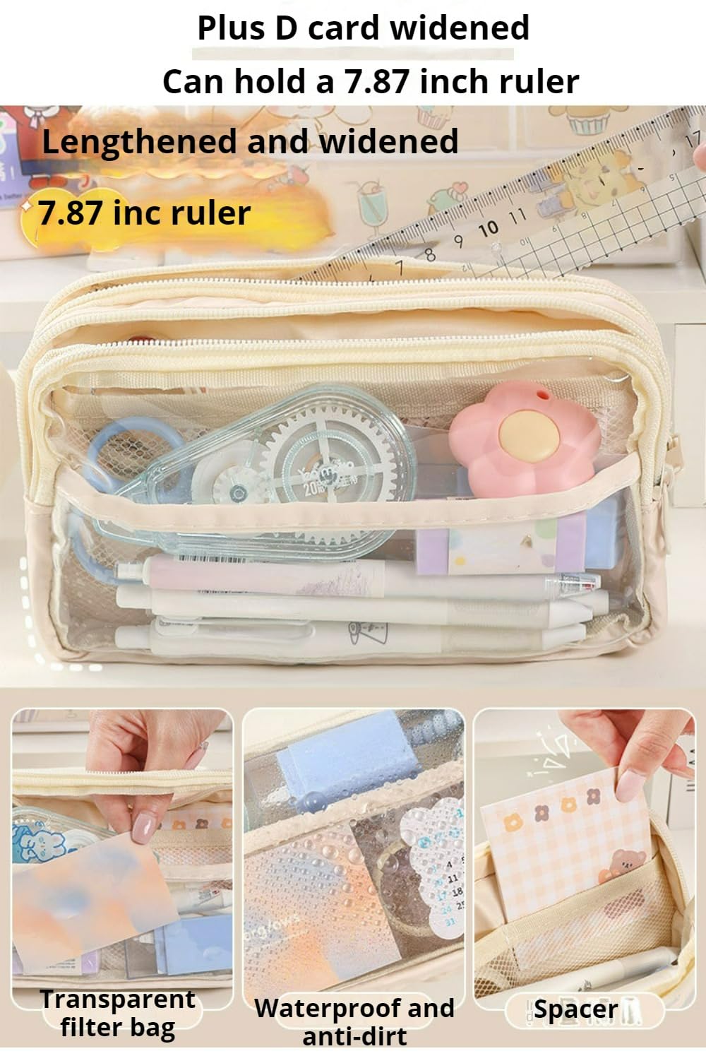 Cute Pencil Case Large Capacity Pen Bag Mesh Kawaii Pen Case Clear Pencil Pouch Gift (Pink)