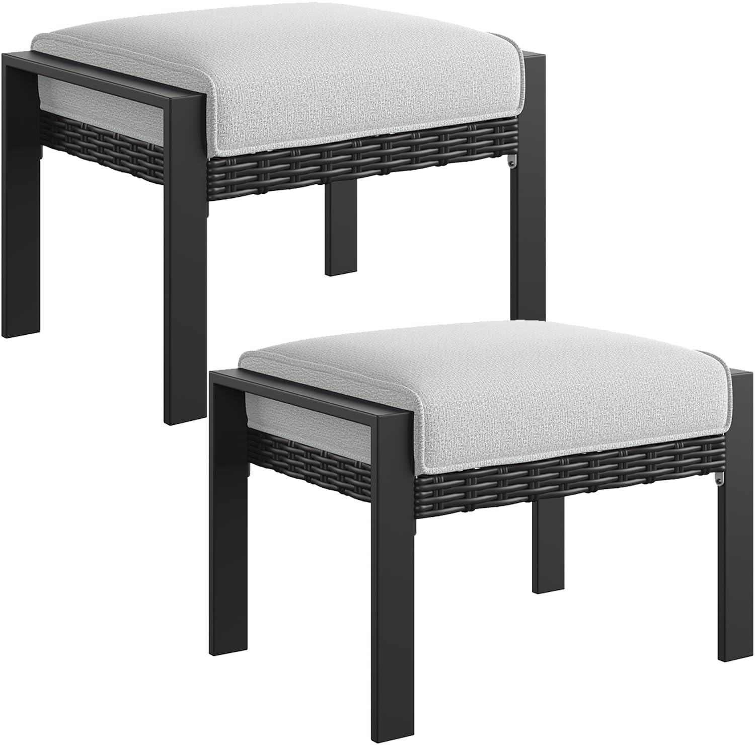 LayinSun Set of 2 Modern Aluminum Ottomans, 2 Pieces Wicker Rattan Outdoor Patio Footstool