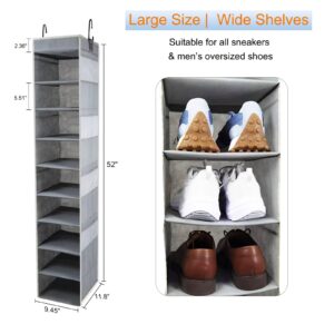 roomtalk Large-Sized Hanging Shoe Organizer 10-Shelf, Sturdy Hanging Closet Organizer with 8 Side Pockets, Wider Hanging Shelves for Storage Shoes Clothes Jeans Shirts Toys, Grey