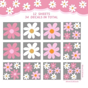 TaoBary 12 Sheets Daisy Wall Decals Flower Wall Stickers Large Daisy Wall Stickers Daisy Decals for Wall Peel and Stick for Nursery Bedroom Living Room Wall Decor (Vibrant Style)