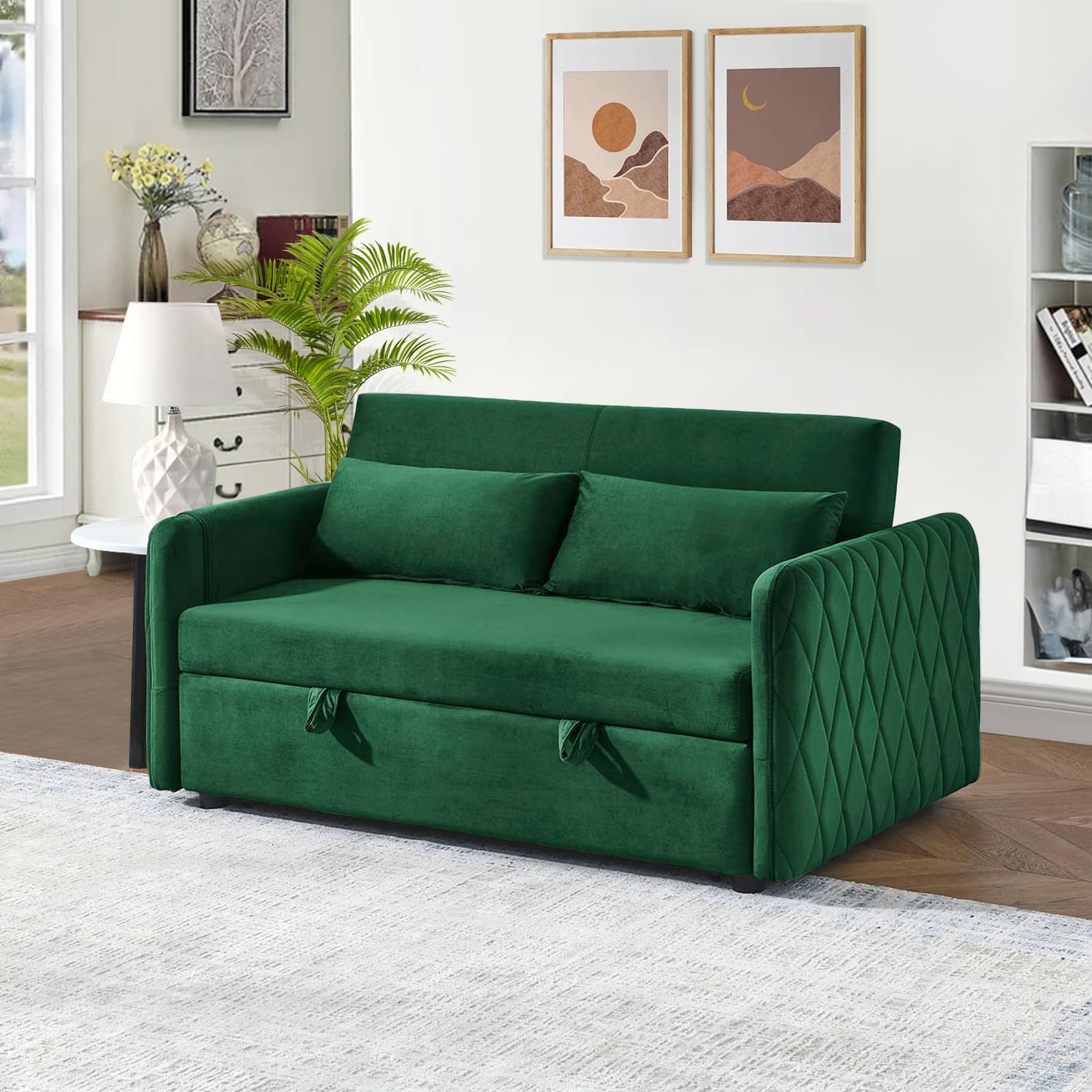 JEEOHEY 3 in 1 Convertible Sleeper Sofa Couch with Pull Out Bed,55" Modern Velvet Sofa Bed with Ajustable Backrest & Side Pocket,Tufted Loveseat Chaise Lounge for Livingroom,Office,Small Palces(Green)