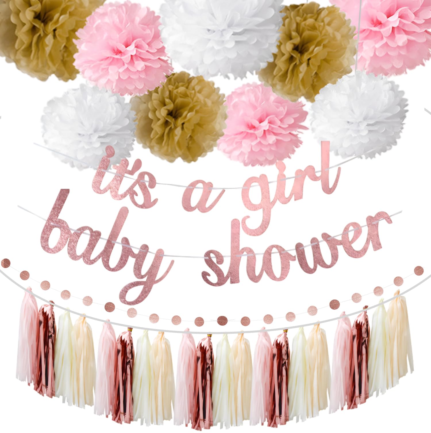 Kiwayo Baby Shower Decorations for Girl- Rose Gold Glitter Banner, Tissue Paper Poms, Round Dots Garland and Tassels Garland- Baby Girl Gender Reveal Birthday Party Decorations