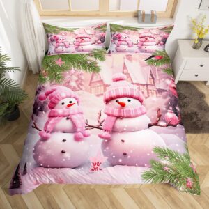 manfei cute snowman bedding set for kids girls girly pink scarf comforter cover winter style snow duvet cover kids girls room decor happy new year bedspread cover queen bedding collection 3pcs