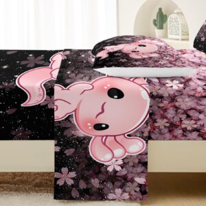 QOOMO Kawaii Axolotl Bedding for Boys and Girls Pink Cherry Blossom Super Soft Kids Bedding Set Sparkling Stars Breathable Room Decoration Twin Size 1 Fitted Sheet, 1 Flat Sheet, 2 Pillow Cases