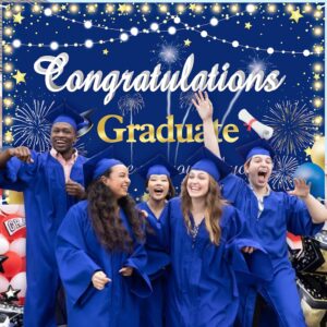 Graduation Backdrop 2024 Congrats Grad Banner Blue Gold Graduation Banner.Class of 2024 Graduation Decorations Photography Background.