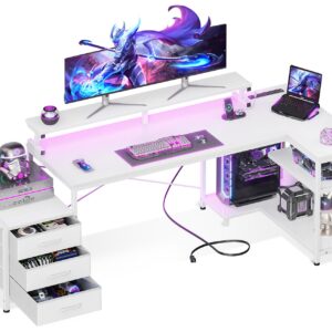 AODK L Shaped Gaming Desk with Drawers, Reversible Corner Computer Desk with LED Lights & Power Outlets, Large Home Office Desk withMonitor Stand & Storage Shelf, 58Inch - 71Inch, White