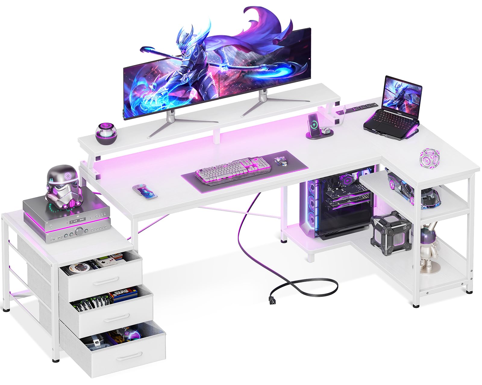 AODK L Shaped Gaming Desk with Drawers, Reversible Corner Computer Desk with LED Lights & Power Outlets, Large Home Office Desk withMonitor Stand & Storage Shelf, 58Inch - 71Inch, White