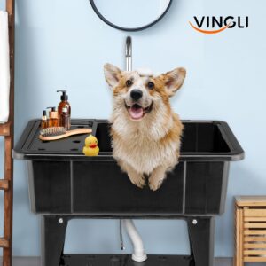 VINGLI Utility Sink Laundry Tub for Washing Room, Freestanding Utility Sink with Stainless Steel Faucet, (Black, 32.3"W x 22.4" D x 43.3"H)