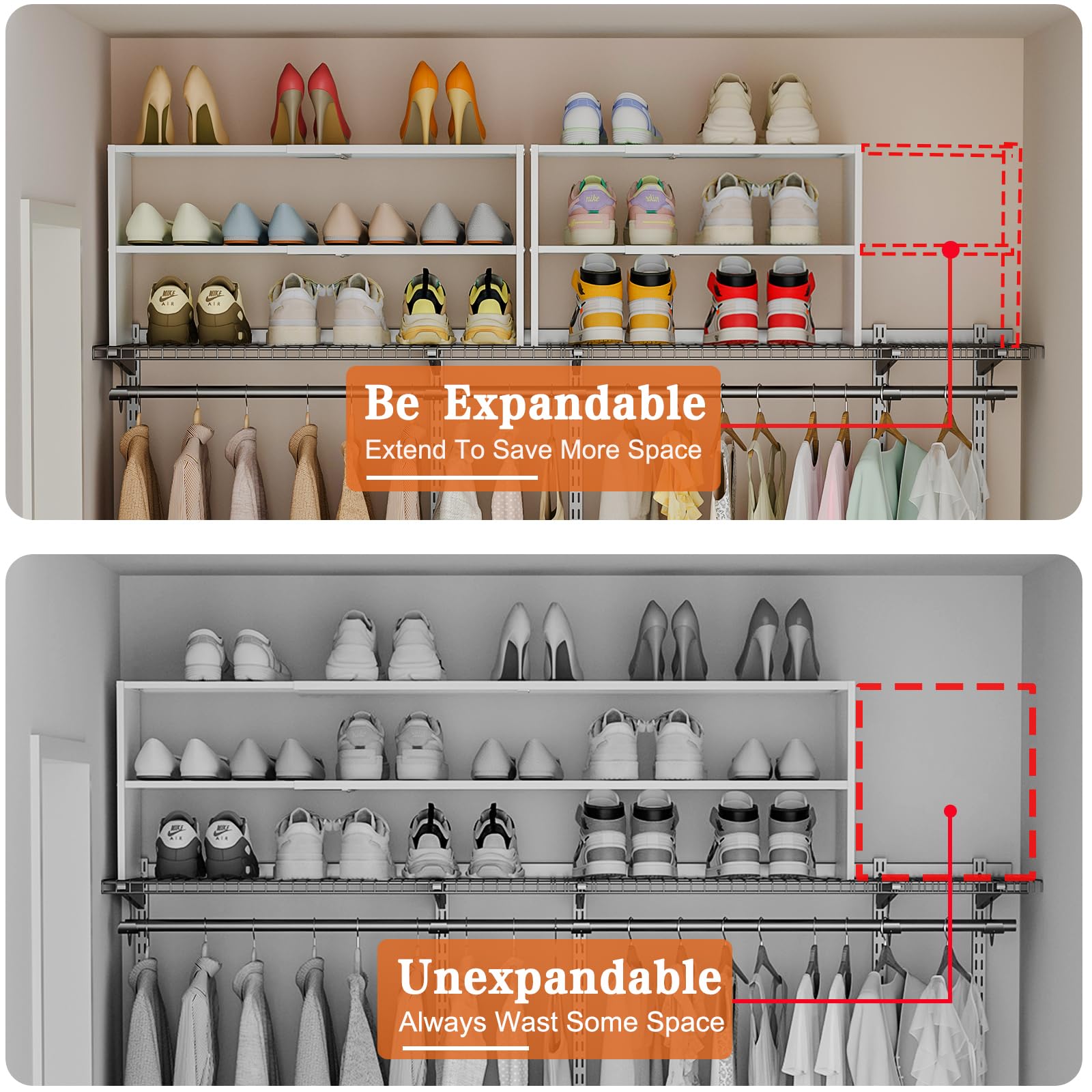 White Shoe Rack Organizer for Closet, 2-Tier Expandable Shoe Shelf, Stackable Iron Wood Combination Small Shoe Racks Shelves for Closets, Entryway,Small Space,Hallway,Garage,6-12 Pairs,Patent Pending