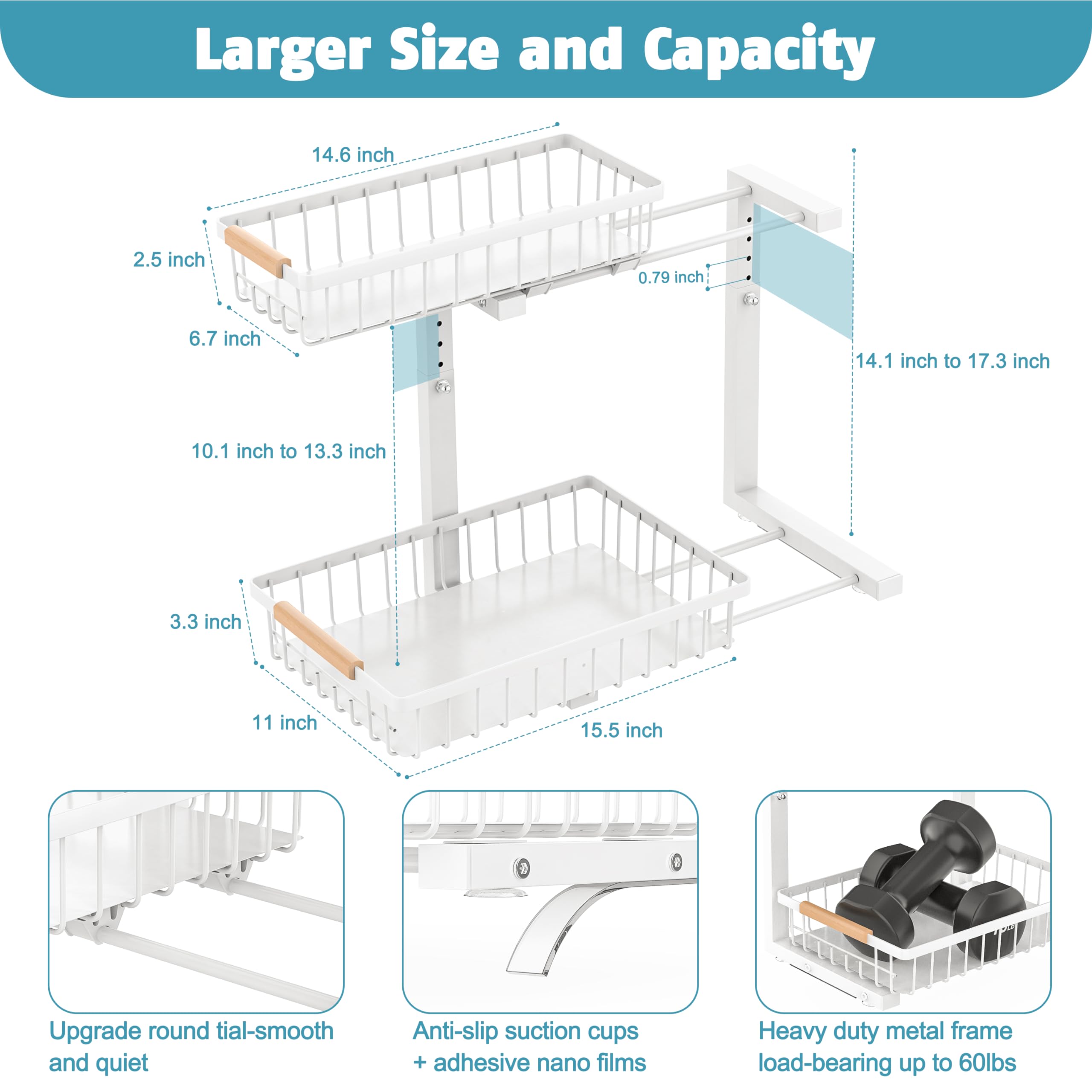 Liuoud Under Sink Organizer 2 pack, 2 Tier Slide Out Under Sink Organizers And Storage, Height Adjustable Pull Out Cabinet Organizer Drawers, Kitchen Bathroom Metal Sink Storage Shelves, White