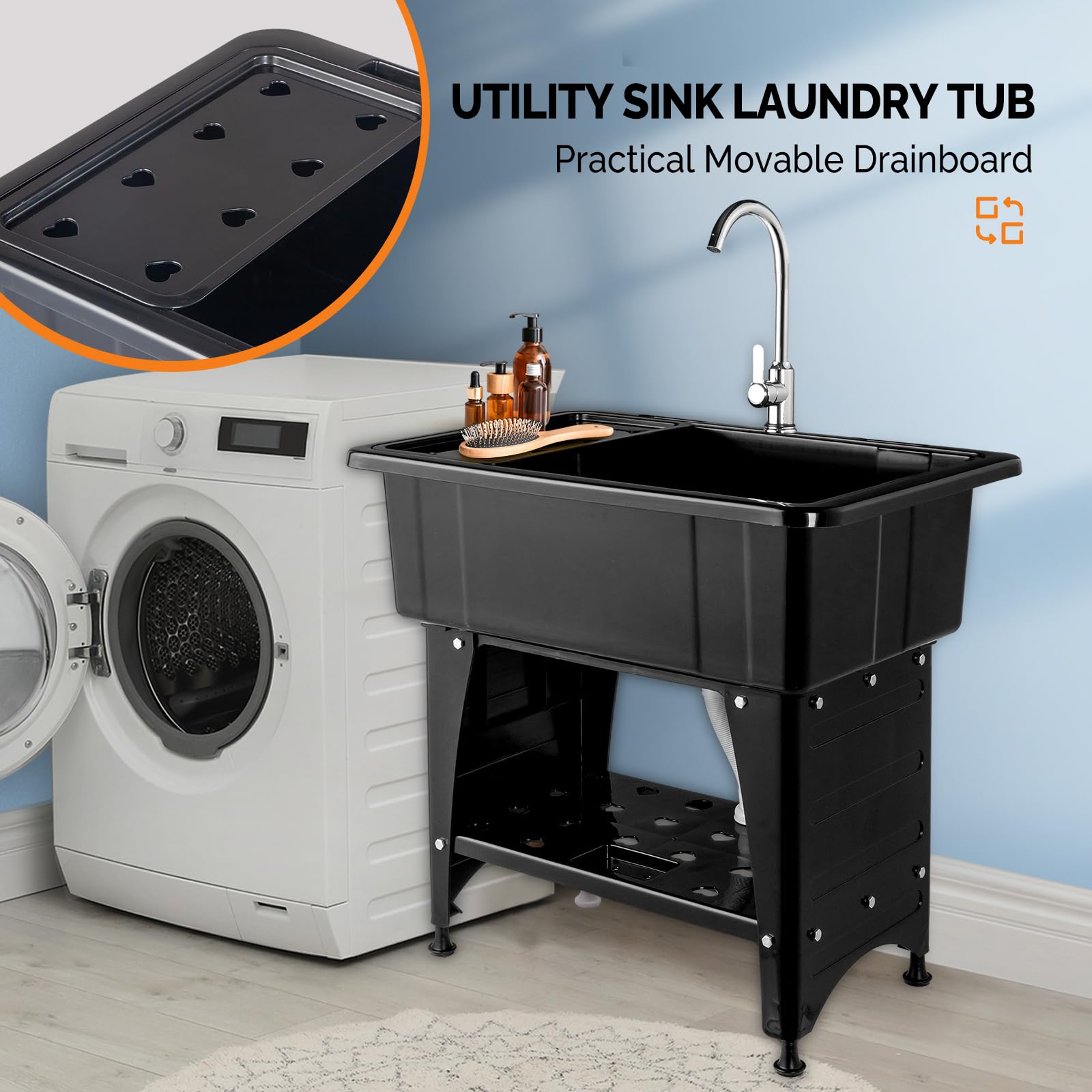 VINGLI Utility Sink Laundry Tub for Washing Room, Freestanding Utility Sink with Stainless Steel Faucet, (Black, 32.3"W x 22.4" D x 43.3"H)