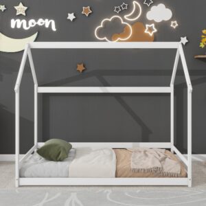 Mirightone Twin House Bed for Kids Montessori Floor Bed with Storage Shelves Twin Size Kids Bed Frame with 2 Detachable Stands Wood House Bed for Girls Boys Children, White