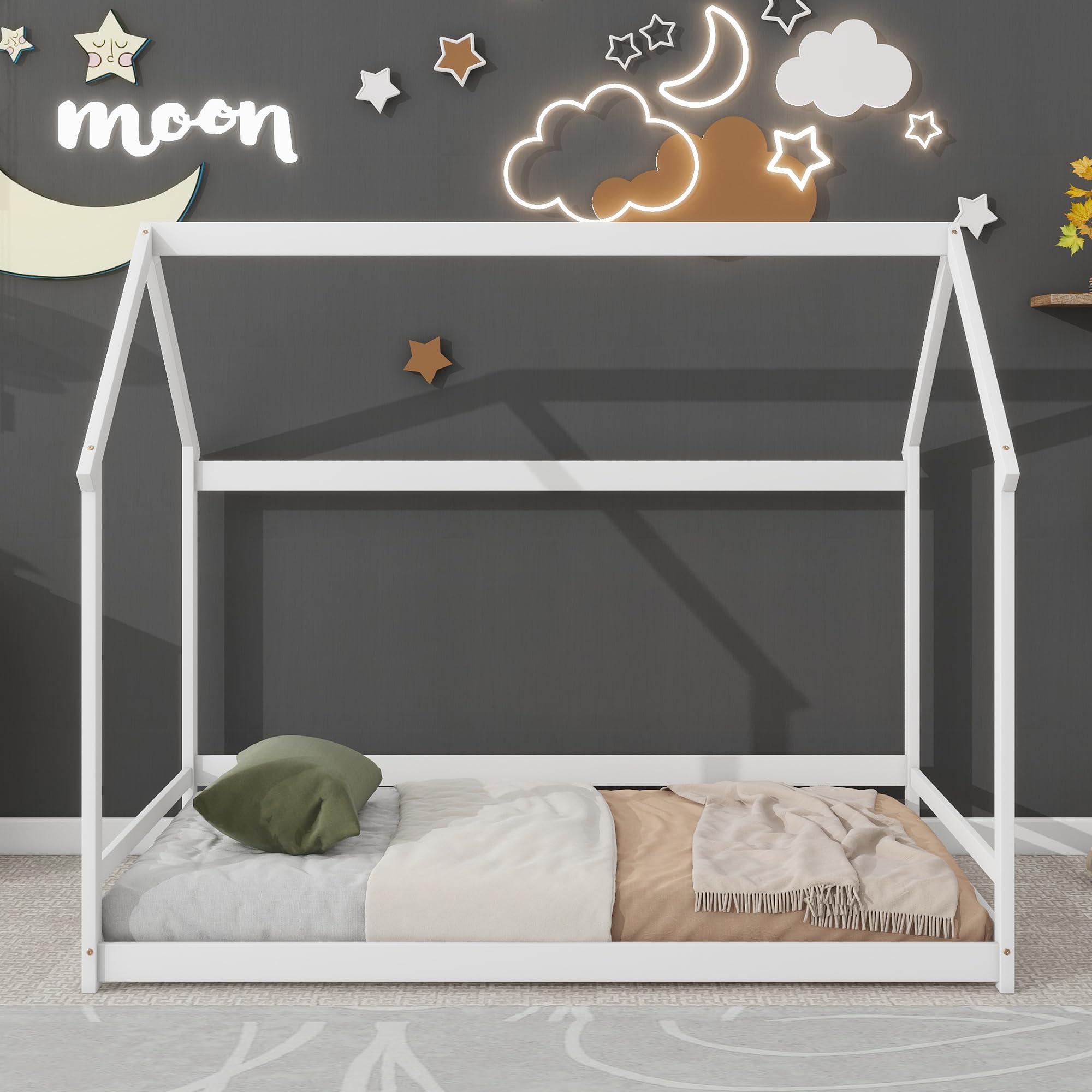 Mirightone Twin House Bed for Kids Montessori Floor Bed with Storage Shelves Twin Size Kids Bed Frame with 2 Detachable Stands Wood House Bed for Girls Boys Children, White