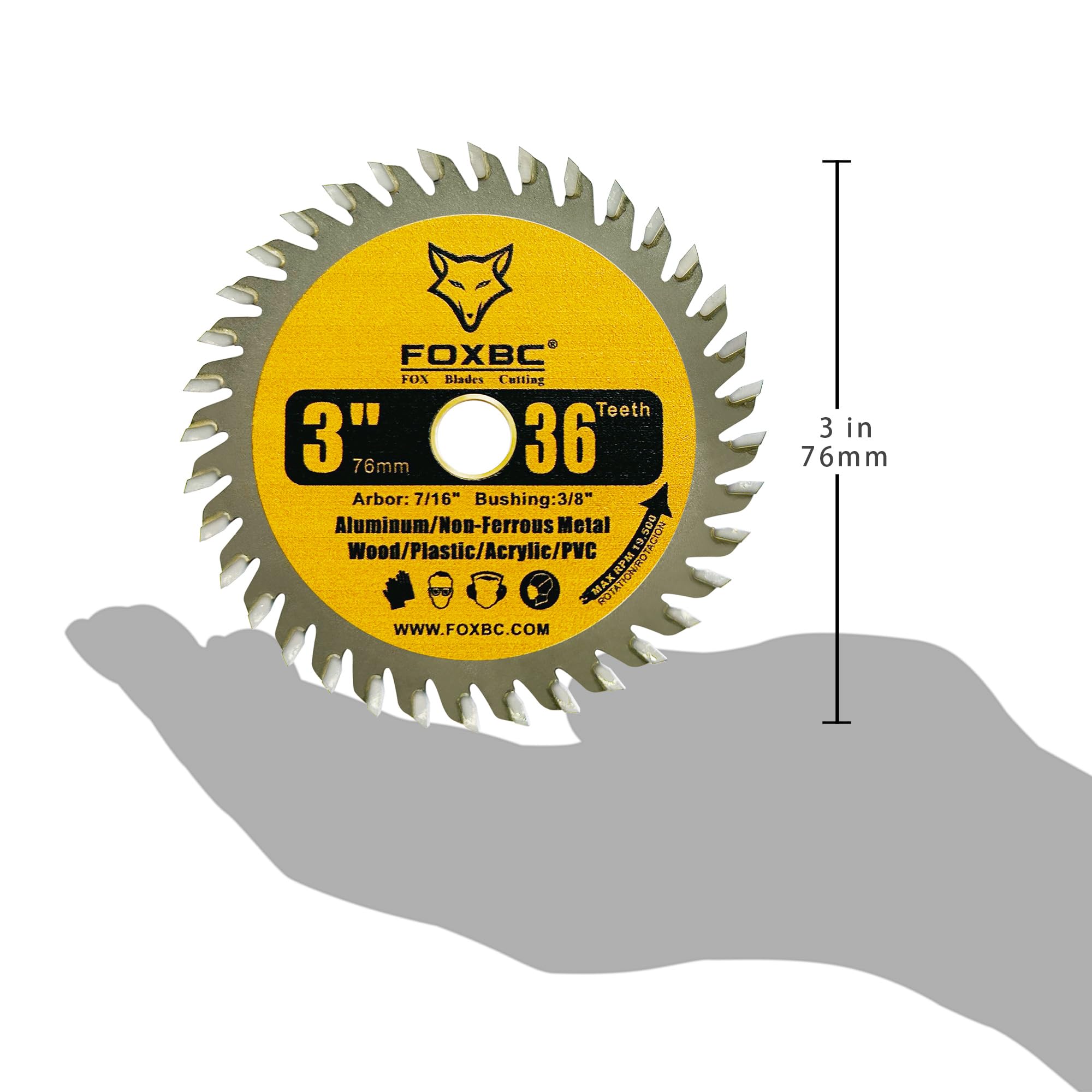 FOXBC 3 Inch Carbide Circular Saw Blade 36 Tooth for Wood, Plastic, PVC, Acrylic, Aluminum with 7/16" Arbor, 3/8" Bushing - 3 Pack