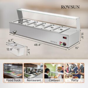 ROVSUN 48QT Electric Commercial Food Warmer, 6-Pan Steam Table 8QT/Pan Stainless Steel Bain Marie Countertop w/Acrylic Shield Temperature Control & Lid for Buffet Party Catering Restaurant 1500W 110V