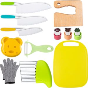 iKumar 25 Pcs Wooden Kids Kitchen Knife Set Include Plastic Kids Knife, Crinkle, Sandwich Cutter, Y Peeler, Cutting Board, Gloves, Fruit Mold Cutters and Carving Shaping Tools