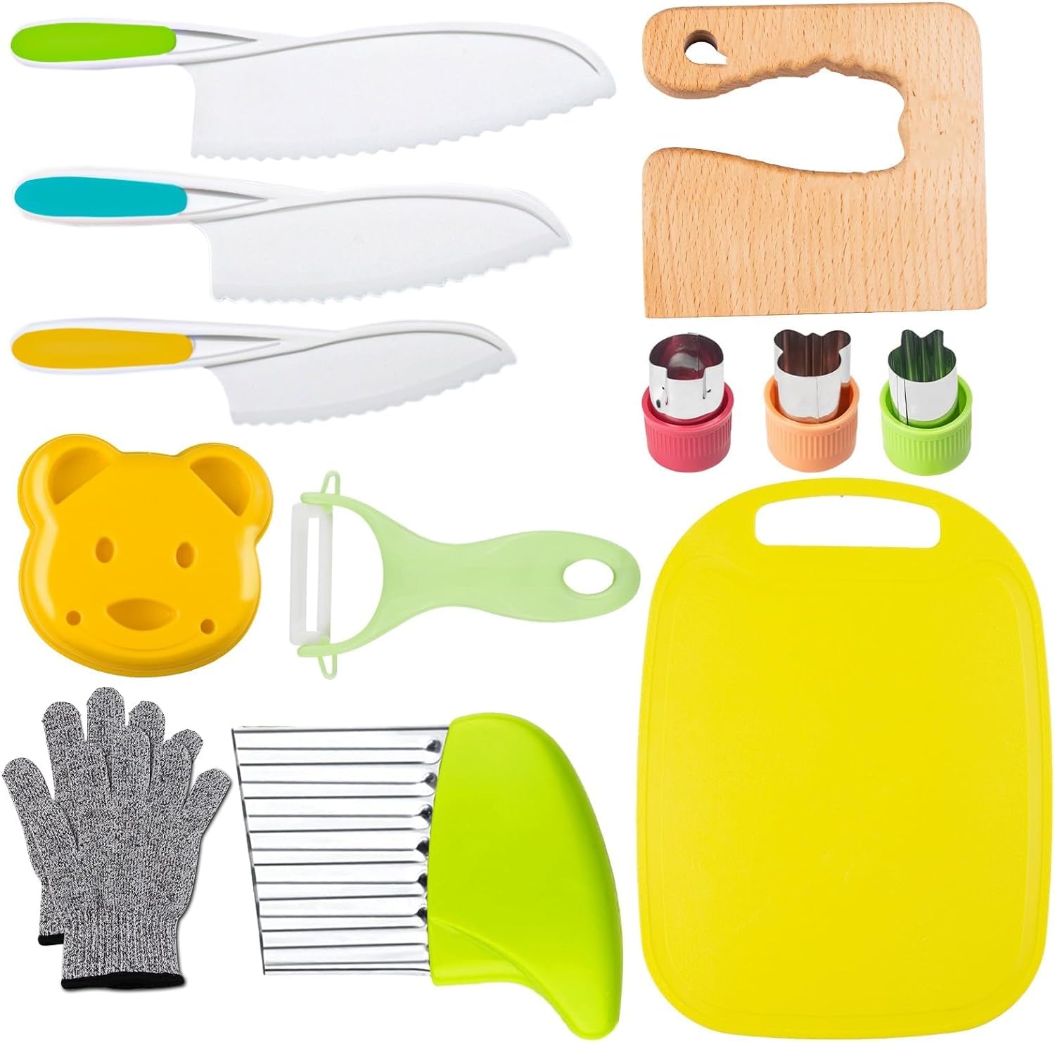 iKumar 25 Pcs Wooden Kids Kitchen Knife Set Include Plastic Kids Knife, Crinkle, Sandwich Cutter, Y Peeler, Cutting Board, Gloves, Fruit Mold Cutters and Carving Shaping Tools