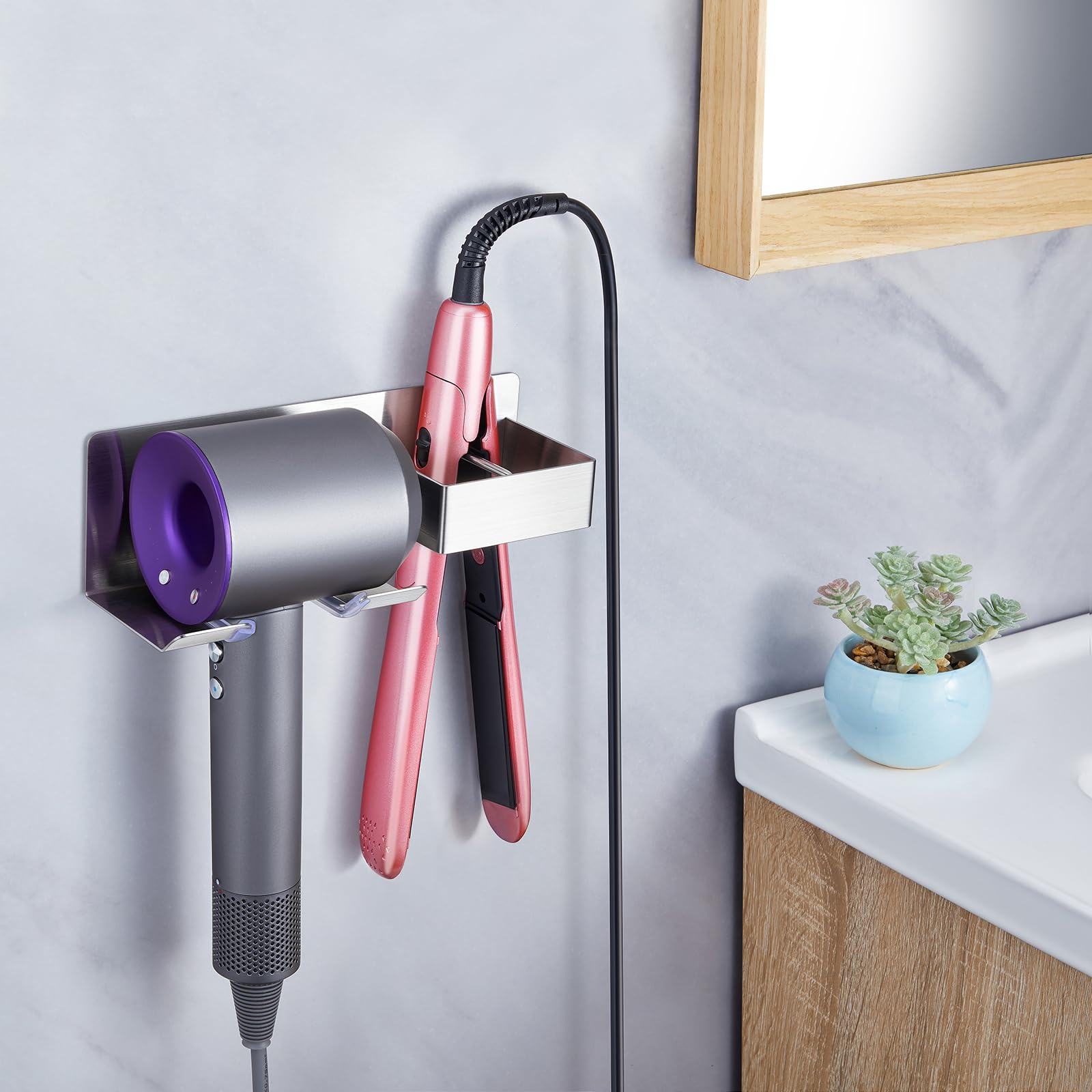 Hair Dryer Holder Wall Mounted, Blow Dryer Holder Stainless Steel, Hair Straightener Holder, Adhesive Hairdryer Holder, Curling Iron Holder Hair Tool Organizer for Bathroom Barber Shops