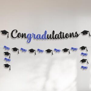 katchon, glitter congratulations banner - 10 feet | pre- strung congrats grad banner | black and blue graduation decorations class of 2024 | graduation cap garland for congratulations decorations