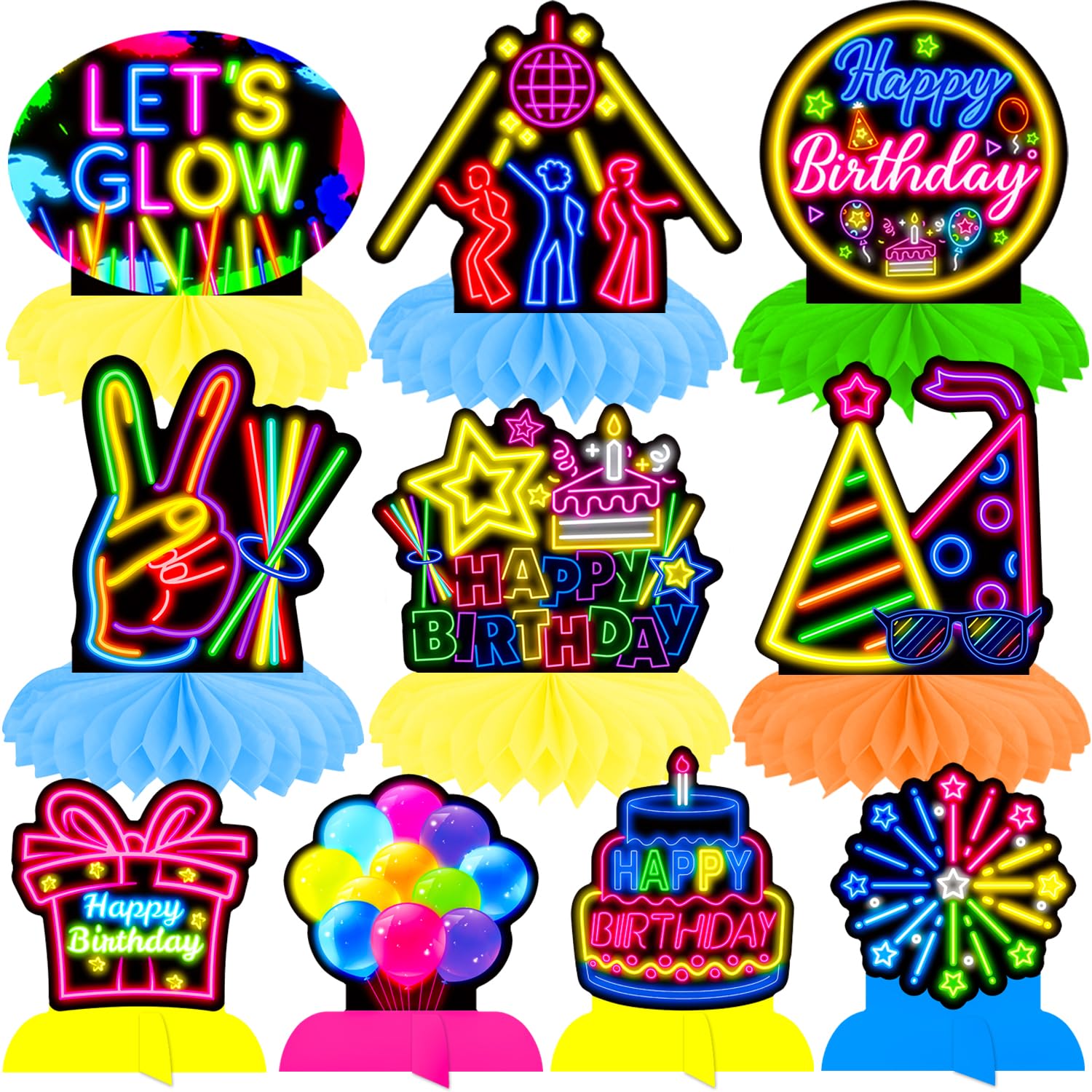 Glow Neon Honycomb Centerpieces 13Pcs Glow Birthday Party Decorations Neon Party Centerpieces for Table Neon Birthday Party Supplies Glow in The Dark Decoration Let's Glow Crazy Baby Shower Supplies