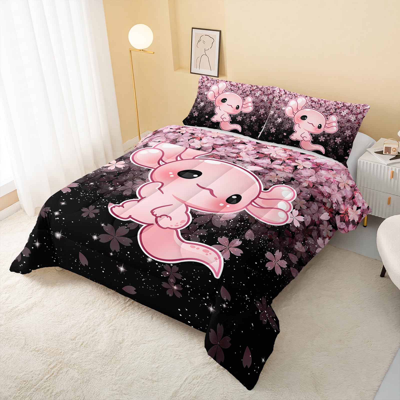 QOOMO Kawaii Axolotl Bedding Set Pink Cherry Blossom for Boys Girls Teen Room Decoration Sparkling Stars 3D Quilt Set Bedroom Decoration Twin Size 1 Comforter Set 2 Pillowcases