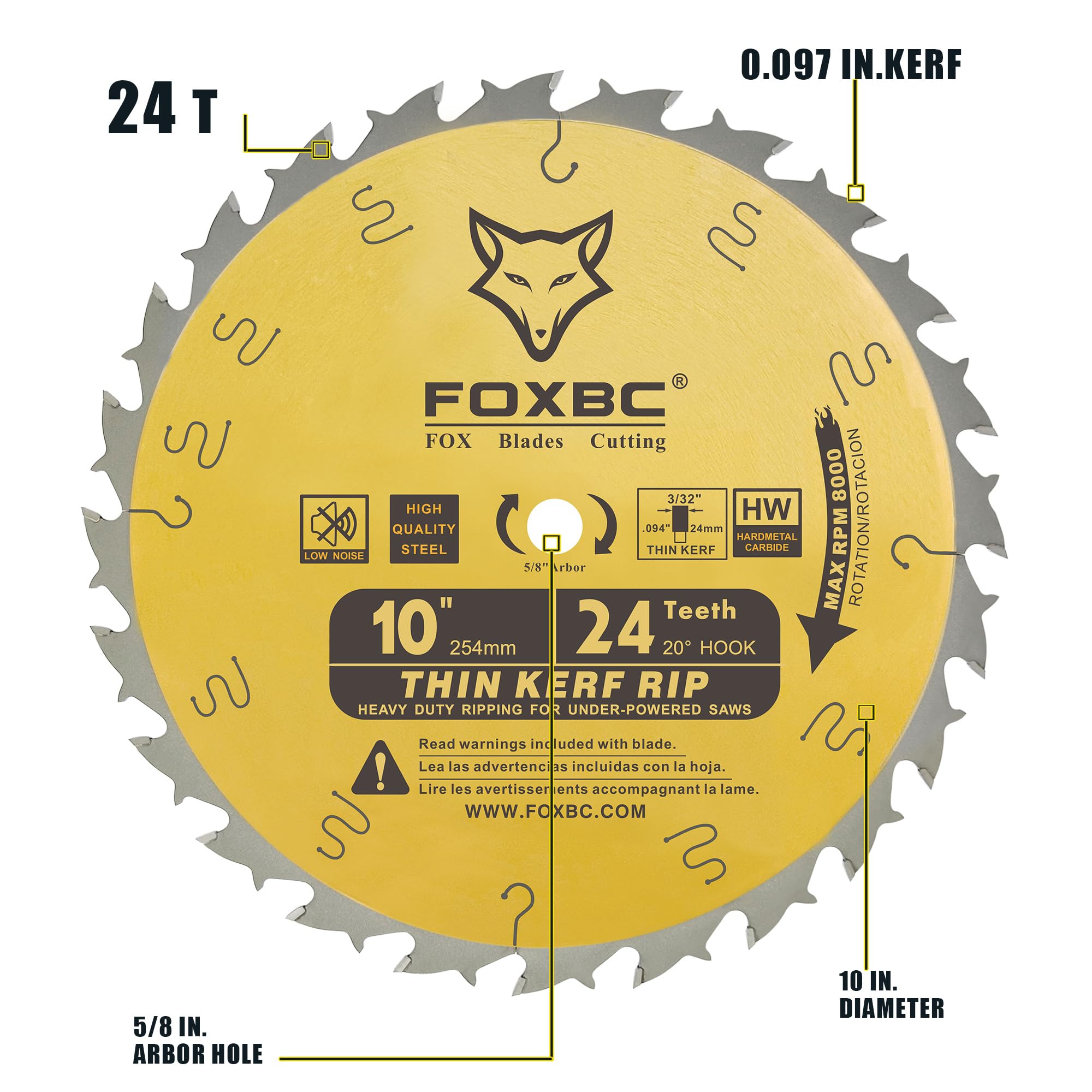 FOXBC 10-Inch Thin Kerf Ripping Table Saw Blade for Wood Cutting, 24-Tooth ATB, 5/8-Inch Arbor