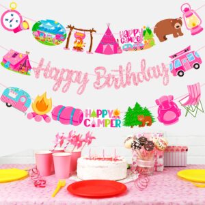 Happy Camper Birthday Party Banners Girls Camping Birthday Decorations 2PCS Happy Camper Party Decorations Camping Party Decoration for One Happy Camper Baby Shower Supplies