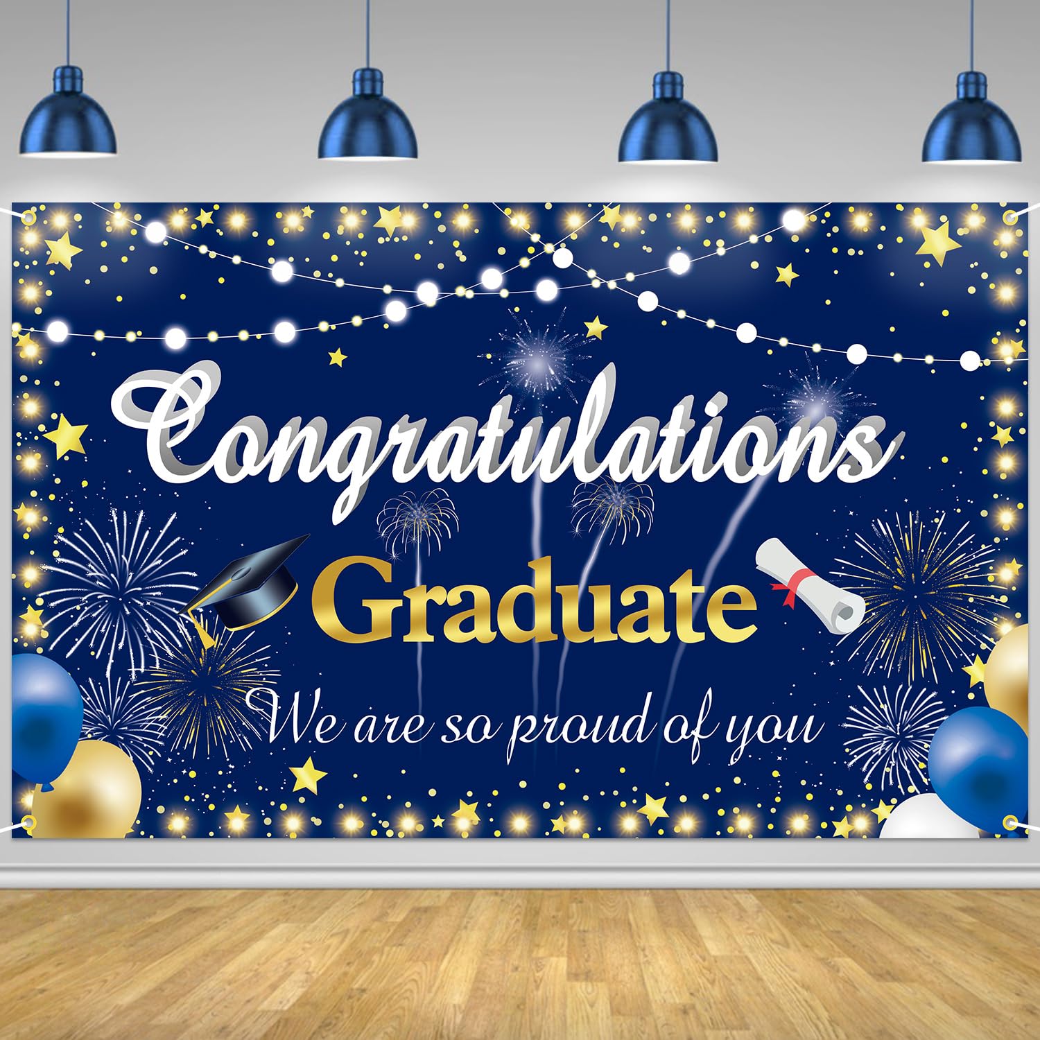 Graduation Backdrop 2024 Congrats Grad Banner Blue Gold Graduation Banner.Class of 2024 Graduation Decorations Photography Background.