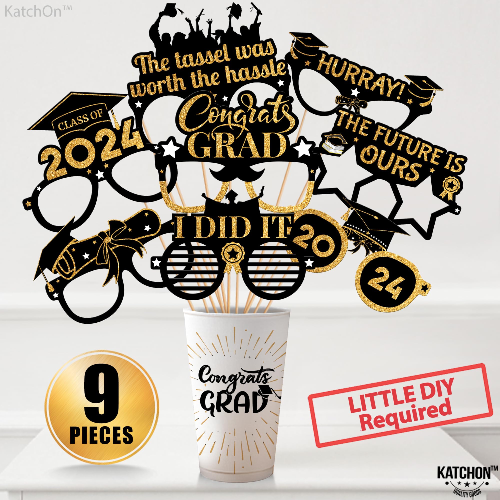 KatchOn, Graduation Photo Booth Props 2024 - Pack of 9 | Black and Gold Graduation Glasses Class of 2024 | Graduation Party Glasses for Graduation Party Decorations 2024 | Graduation Party Favors 2024