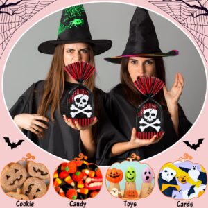 Outus 150 Pcs Halloween Cellophane Treat Bags Halloween Cellophane Bag Block Bottom Halloween Candy Bags with 300 Pcs Twist Ties for Snacks Cookies Halloween Party Favor Supplies (Skeleton)