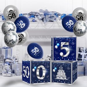 3Pcs 50th Birthday Decorations Boxes for Men Blue Silver 50th Happy Birthday Balloons Boxes Party Supplies 50 Year Old Birthday Theme Cardboard Box Decor.