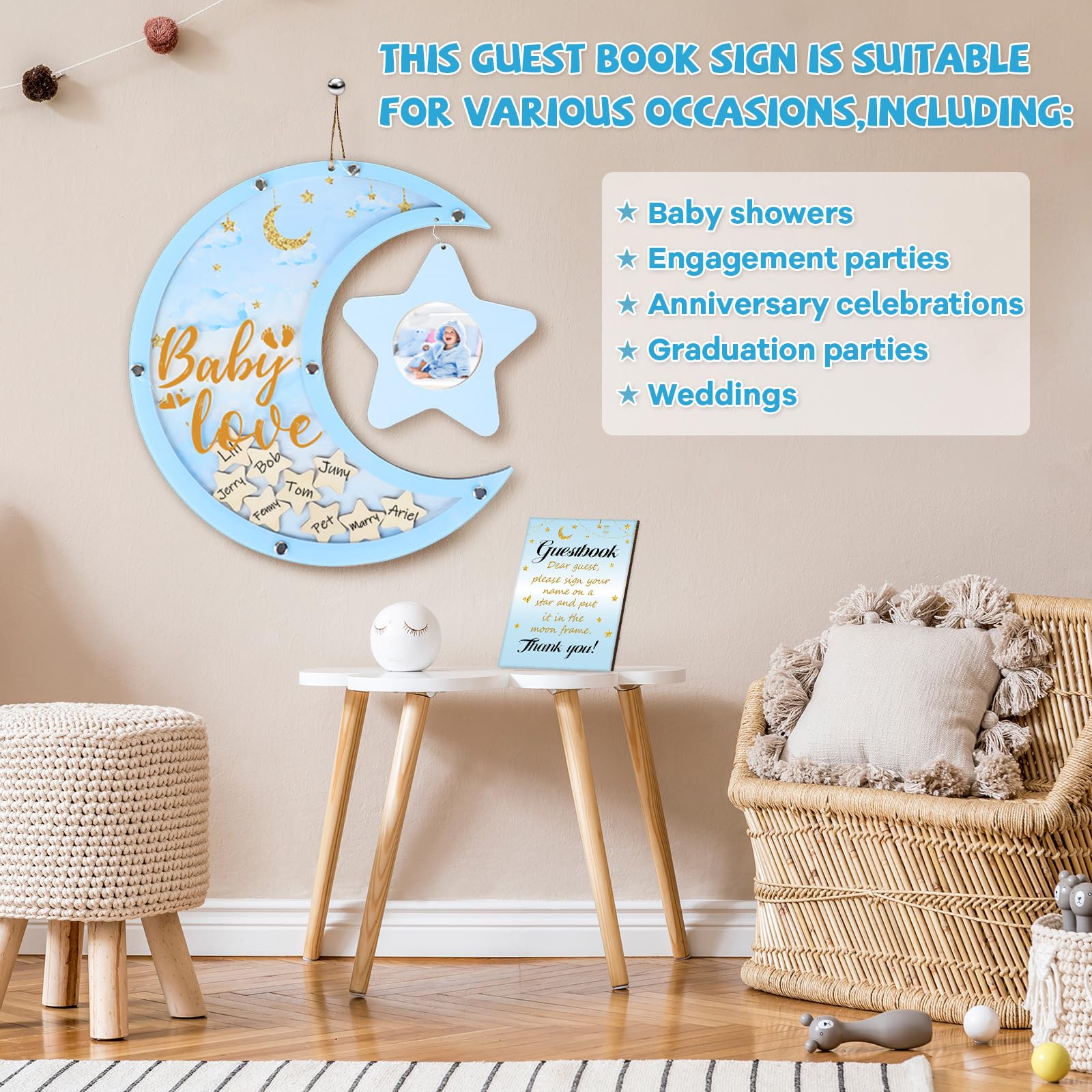 Baby Shower Guest Book Alternatives Moon Guest Book for Baby Shower Guest Book Frame with Star Baby Shower Decorations Guest Book Alternative for Wedding Boys Girls Birthday Party Keepsake(Blue)