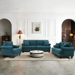 Mid Century Modern Sofa Set, 22" Extra Deep Seat juegos de muebles de sala Comfy Chenille Upholstered Living Room Furniture Sets with Rolled Arms Nailhead Trim (Lake Green, 3 Pieces A)