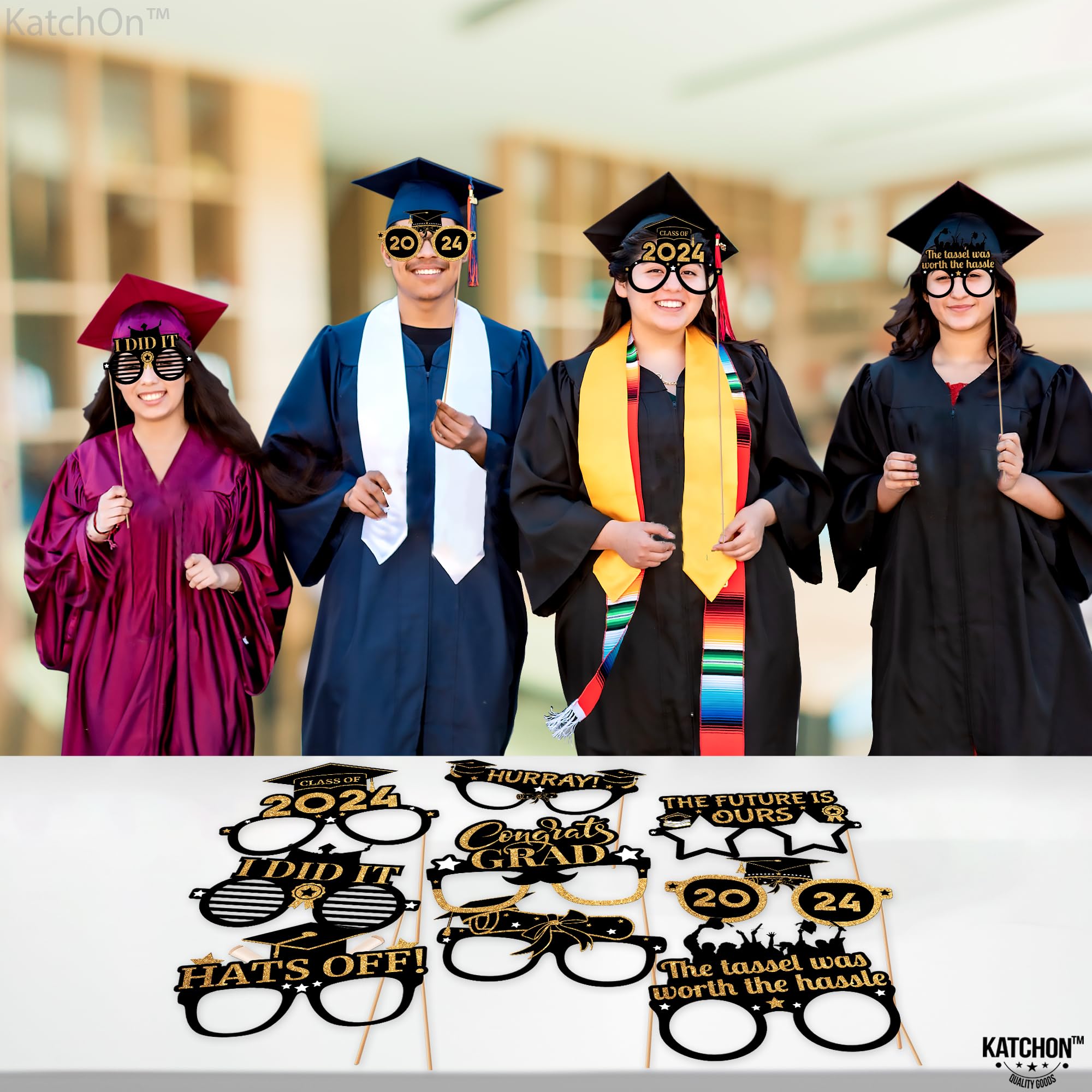 KatchOn, Graduation Photo Booth Props 2024 - Pack of 9 | Black and Gold Graduation Glasses Class of 2024 | Graduation Party Glasses for Graduation Party Decorations 2024 | Graduation Party Favors 2024