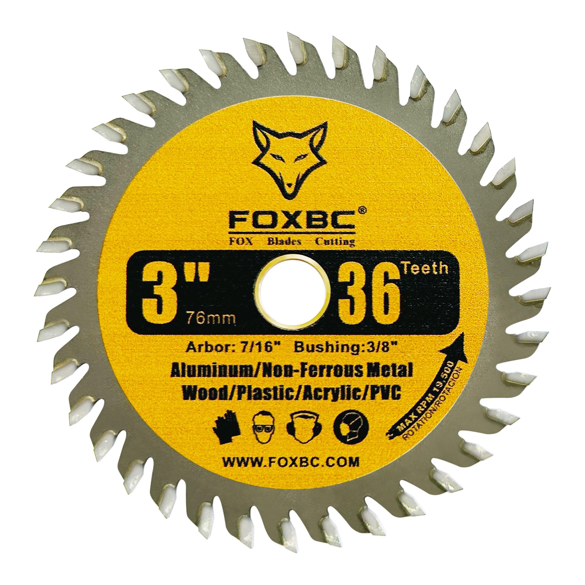 FOXBC 3 Inch Carbide Circular Saw Blade 36 Tooth for Wood, Plastic, PVC, Acrylic, Aluminum with 7/16" Arbor, 3/8" Bushing - 3 Pack