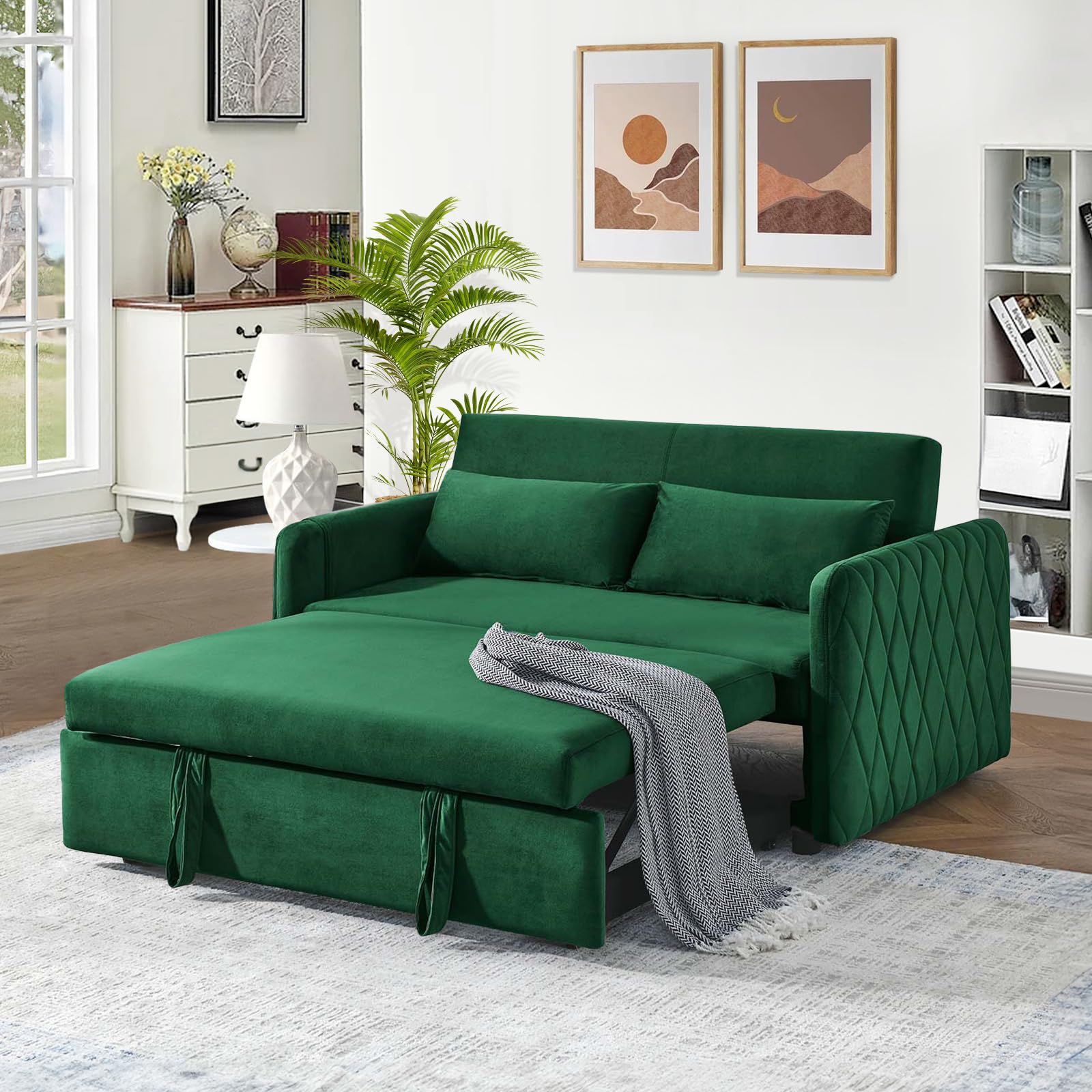 JEEOHEY 3 in 1 Convertible Sleeper Sofa Couch with Pull Out Bed,55" Modern Velvet Sofa Bed with Ajustable Backrest & Side Pocket,Tufted Loveseat Chaise Lounge for Livingroom,Office,Small Palces(Green)