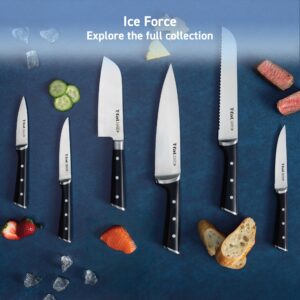 T-fal Ice Force German Stainless Steel Kitchen Knife Set and Wood Block 8 Piece, Long Lasting Sharpness, High Cutting Precision, Superior Durability, Ultra Sharp Blades, Cookware Kitchen Gadget Black