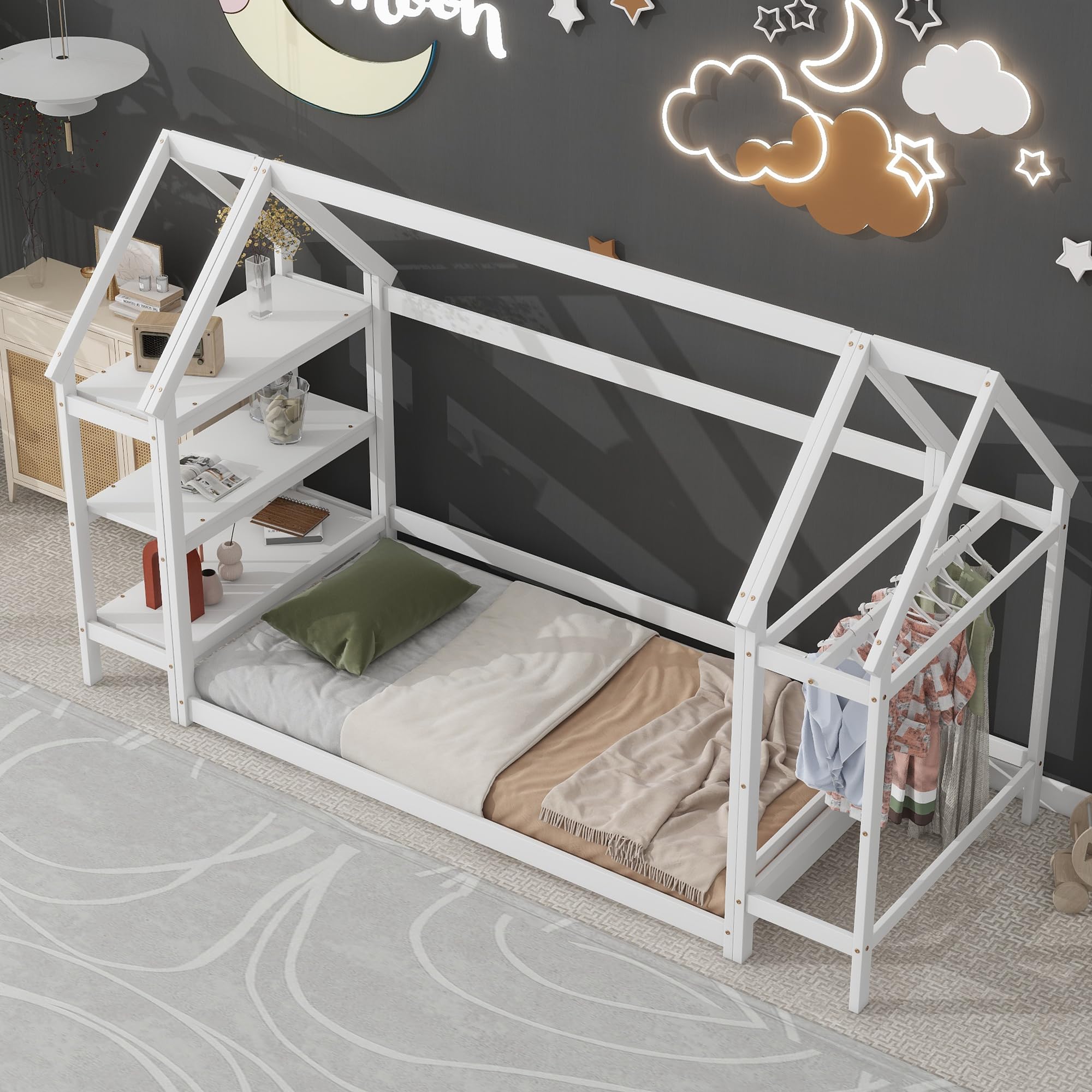 Mirightone Twin House Bed for Kids Montessori Floor Bed with Storage Shelves Twin Size Kids Bed Frame with 2 Detachable Stands Wood House Bed for Girls Boys Children, White