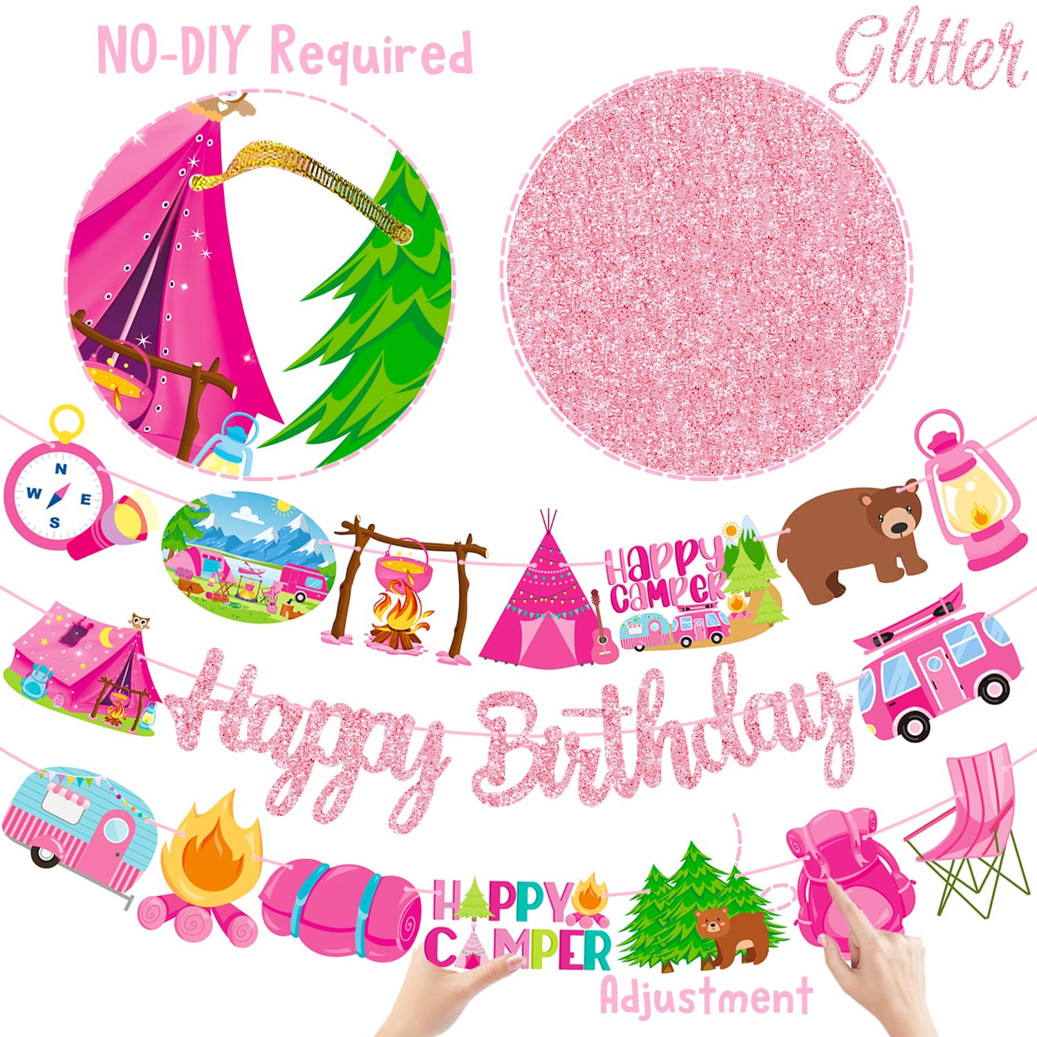 Happy Camper Birthday Party Banners Girls Camping Birthday Decorations 2PCS Happy Camper Party Decorations Camping Party Decoration for One Happy Camper Baby Shower Supplies