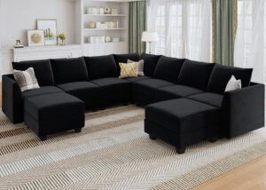 honbay modular sectional sofa velvet u shaped couch with storage oversized sectional sofa couch for living room, black