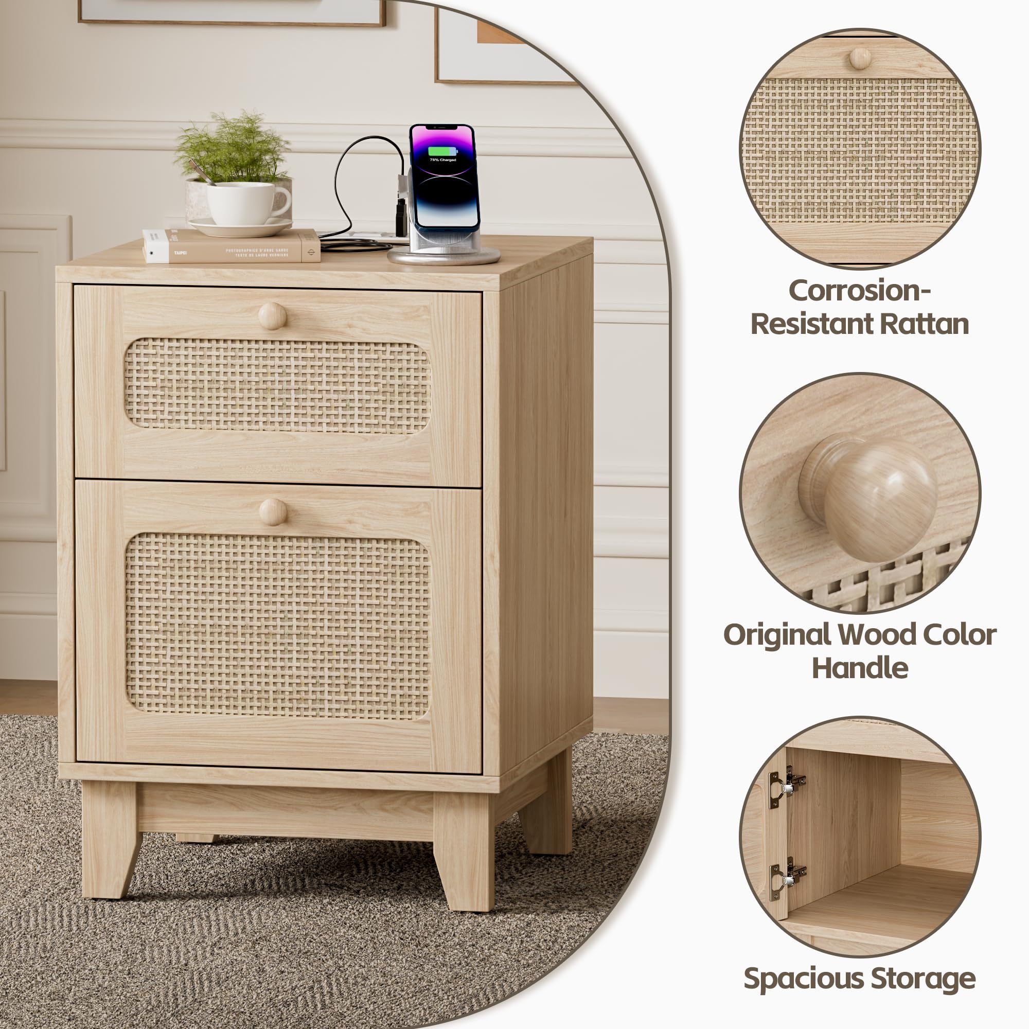 Callales Modern Wicker Rattan Stand,Rattan Stand with Drawer and Charge Station, Wooden Side End Table for Small Spaces, Natural Wood BedsideTable for Bedroom,Easy Assembly (with Charging Station, 2)