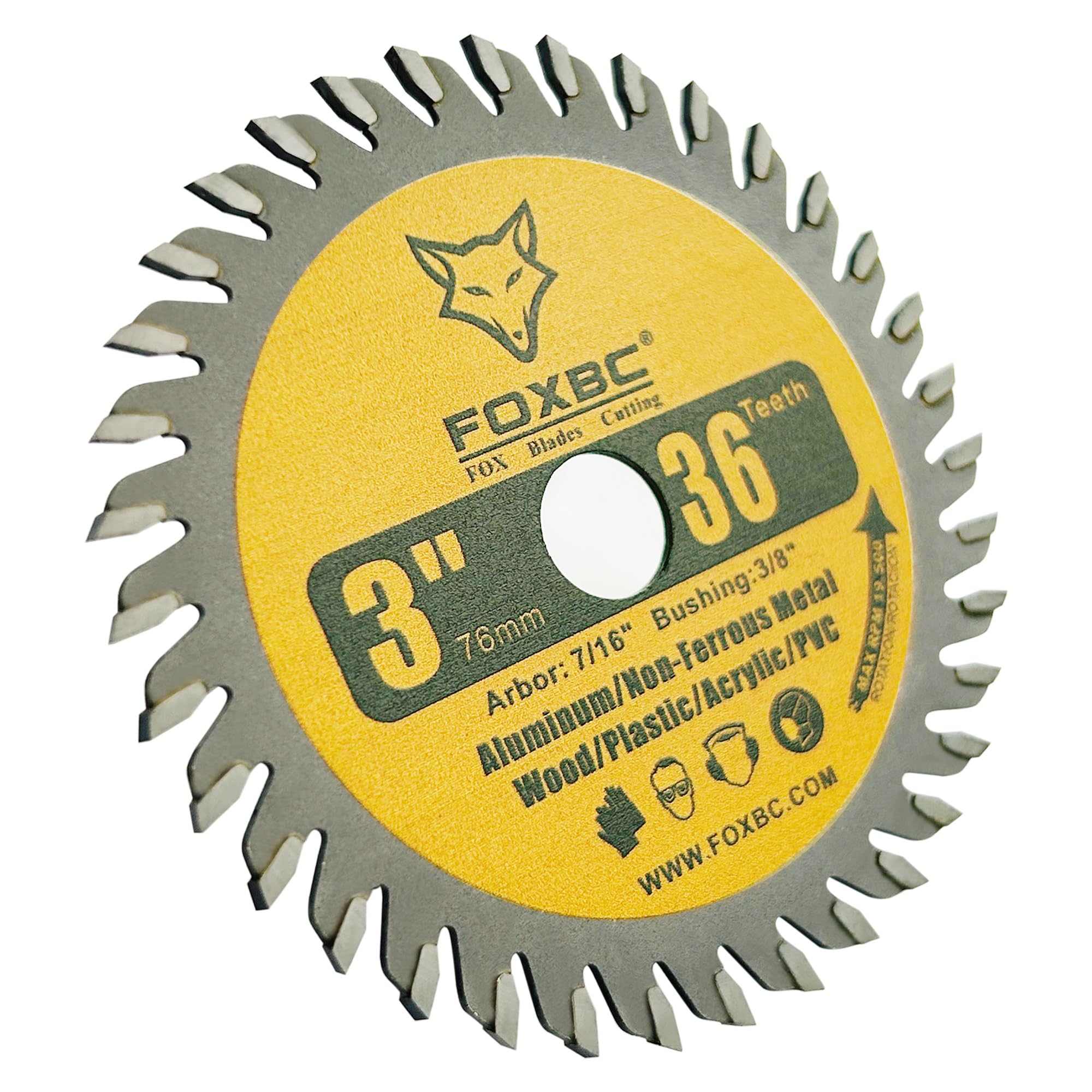 FOXBC 3 Inch Carbide Circular Saw Blade 36 Tooth for Wood, Plastic, PVC, Acrylic, Aluminum with 7/16" Arbor, 3/8" Bushing - 3 Pack