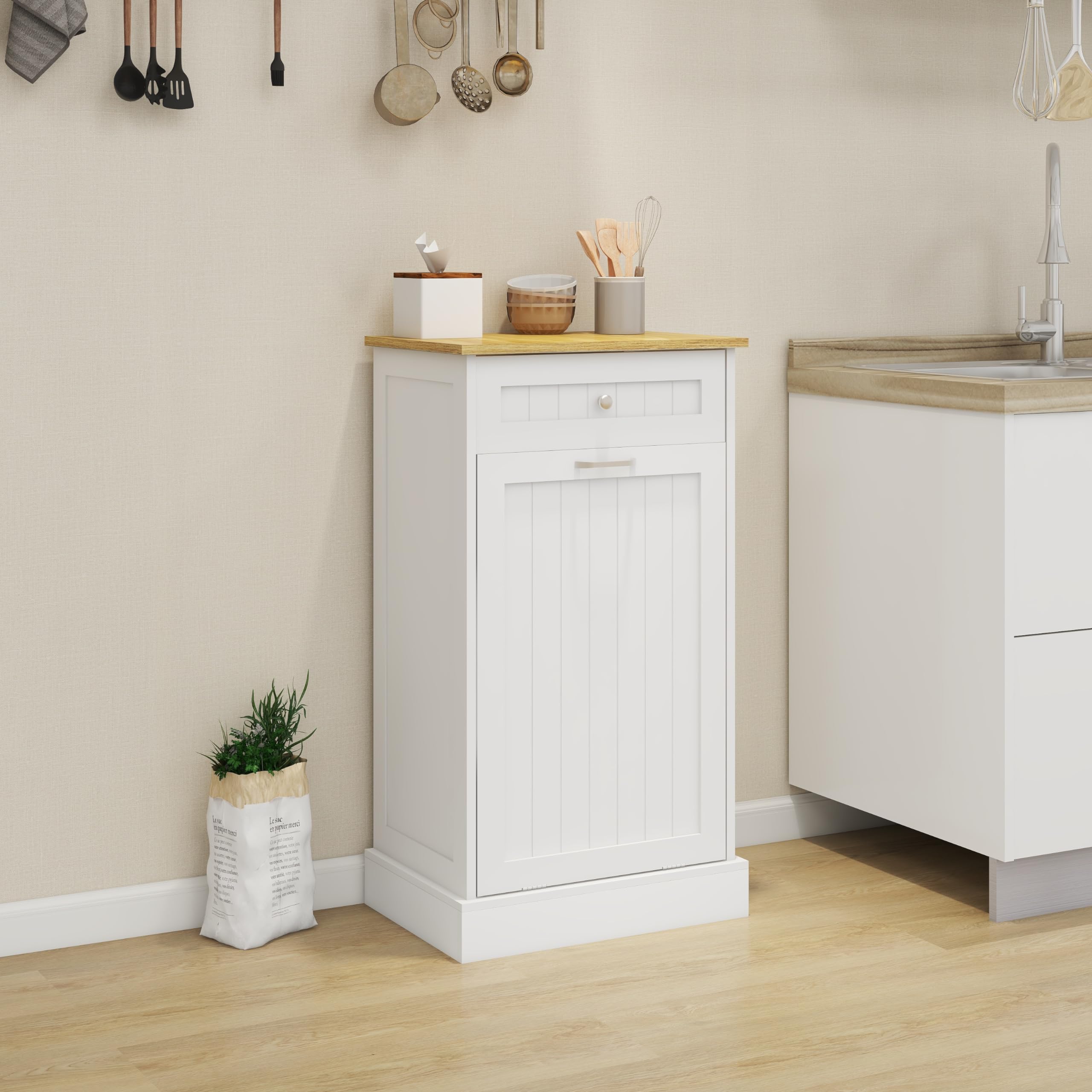 ELEMENT ACE 10 Gallon Tilt Out Trash Cabinet Kitchen Island Multi Functional Storage Easy Assembly Stylish and Durable White