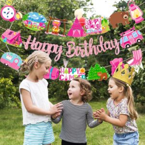 Happy Camper Birthday Party Banners Girls Camping Birthday Decorations 2PCS Happy Camper Party Decorations Camping Party Decoration for One Happy Camper Baby Shower Supplies